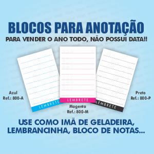 Bloco Lembrete com 10 folhas Ref.: 800-F Alta Alvura 56g 5x7,5 3 opções de cores  Bloco Colado 