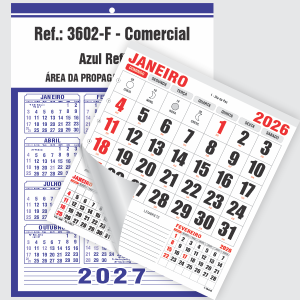 Calendário Comercial de Parede com Furo Ref.: 3602-F Base Duplex 250g | Bloco 12 Meses Papel 56g 32x46,5cm Azul Reflexo   