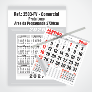 Calendário Comercial de Parede com Vareta Ref.: 3503-FV Base Duplex 250g | Bloco 12 Meses Papel 56g 27x37cm Prata Luxo   