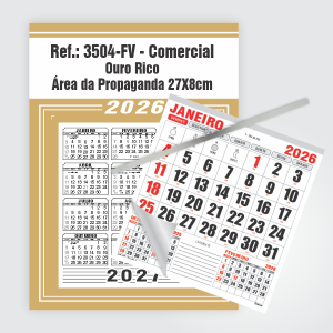 Calendário Comercial de Parede com Vareta Ref.: 3504-FV Base Duplex 250g | Bloco 12 Meses Papel 56g 27x37cm Ouro Rico   