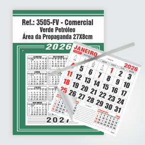 Calendário Comercial de Parede com Vareta Ref.: 3505-FV Base Duplex 250g | Bloco 12 Meses Papel 56g 27x37cm Verde Petróleo   