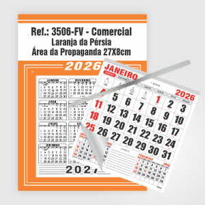 Calendário Comercial de Parede com Vareta Ref.: 3506-FV Base Duplex 250g | Bloco 12 Meses Papel 56g 27x37cm Laranja da Pérsia   