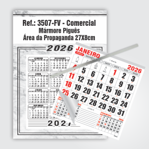 Calendário Comercial de Parede com Vareta Ref.: 3507-FV Base Duplex 250g | Bloco 12 Meses Papel 56g 27x37cm Mármore Piguês   