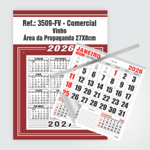 Calendário Comercial de Parede com Vareta Ref.: 3509-FV Base Duplex 250g | Bloco 12 Meses Papel 56g 27x37cm Vinho   
