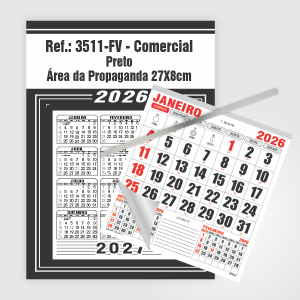 Calendário Comercial de Parede com Vareta Ref.: 3511-FV Base Duplex 250g | Bloco 12 Meses Papel 56g 27x37cm Preto   