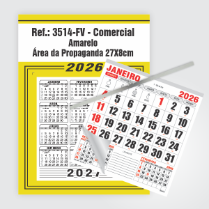 Calendário Comercial de Parede com Vareta Ref.: 3514-FV Base Duplex 250g | Bloco 12 Meses Papel 56g 27x37cm Amarelo   
