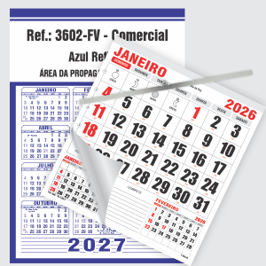 Calendário Comercial de Parede com Vareta Ref.: 3602-FV Base Duplex 250g | Bloco 12 Meses Papel 56g 32x46,5cm Azul Reflexo   