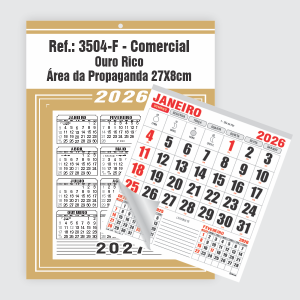 Calendário Comercial de Parede com Furo Ref.: 3504-F Base Duplex 250g | Bloco 12 Meses Papel 56g 27x37cm Ouro Rico   