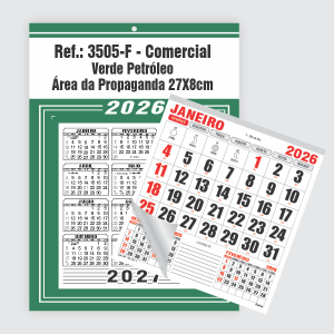 Calendário Comercial de Parede com Furo Ref.: 3505-F Base Duplex 250g | Bloco 12 Meses Papel 56g 27x37cm Verde Petróleo   