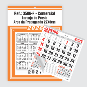 Calendário Comercial de Parede com Furo Ref.: 3506-F Base Duplex 250g | Bloco 12 Meses Papel 56g 27x37cm Laranja da Pérsia   