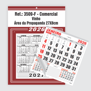 Calendário Comercial de Parede com Furo Ref.: 3509-F Base Duplex 250g | Bloco 12 Meses Papel 56g 27x37cm Vinho   