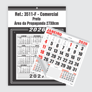 Calendário Comercial de Parede com Furo Ref.: 3511-F Base Duplex 250g | Bloco 12 Meses Papel 56g 27x37cm Preto   