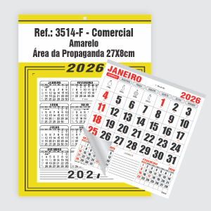 Calendário Comercial de Parede com Furo Ref.: 3514-F Base Duplex 250g | Bloco 12 Meses Papel 56g 27x37cm Amarelo   