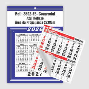 Calendário Comercial Econômico de Parede com Furo Ref.: 3502-FE Base Duplex 250g | Bloco 12 Meses Econômico Papel 56g (6 Folhas) 27x37cm Azul Reflexo   
