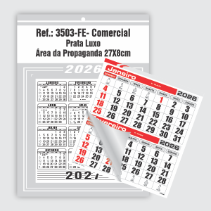 Calendário Comercial Econômico de Parede com Furo Ref.: 3503-FE Base Duplex 250g | Bloco 12 Meses Econômico Papel 56g (6 Folhas) 27x37cm Prata Luxo   