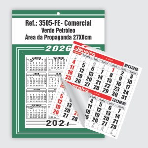 Calendário Comercial Econômico de Parede com Furo Ref.: 3505-FE Base Duplex 250g | Bloco 12 Meses Econômico Papel 56g (6 Folhas) 27x37cm Verde Petróleo   