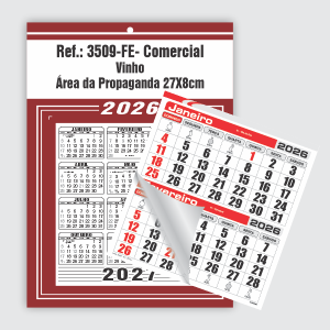 Calendário Comercial Econômico de Parede com Furo Ref.: 3509-FE Base Duplex 250g | Bloco 12 Meses Econômico Papel 56g (6 Folhas) 27x37cm Vinho   