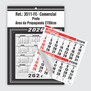 Calendário Comercial Econômico de Parede com Furo Ref.: 3511-FE Base Duplex 250g | Bloco 12 Meses Econômico Papel 56g (6 Folhas) 27x37cm Preto   