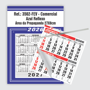 Calendário Comercial Econômico de Parede com Vareta Ref.: 3502-FEV Base Duplex 250g | Bloco 12 Meses Econômico Papel 56g (6 Folhas) | Vareta metálica 27x37cm Azul Reflexo   