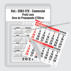 Calendário Comercial Econômico de Parede com Vareta Ref.: 3503-FEV Base Duplex 250g | Bloco 12 Meses Econômico Papel 56g (6 Folhas) | Vareta metálica 27x37cm Prata Luxo   