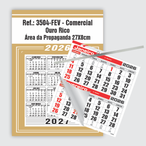 Calendário Comercial Econômico de Parede com Vareta Ref.: 3504-FEV Base Duplex 250g | Bloco 12 Meses Econômico Papel 56g (6 Folhas) | Vareta metálica 27x37cm Ouro Rico   
