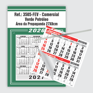 Calendário Comercial Econômico de Parede com Vareta Ref.: 3505-FEV Base Duplex 250g | Bloco 12 Meses Econômico Papel 56g (6 Folhas) | Vareta metálica 27x37cm Verde Petróleo   