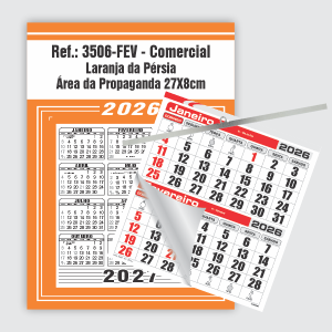 Calendário Comercial Econômico de Parede com Vareta Ref.: 3506-FEV Base Duplex 250g | Bloco 12 Meses Econômico Papel 56g (6 Folhas) | Vareta metálica 27x37cm Laranja da Pérsia   