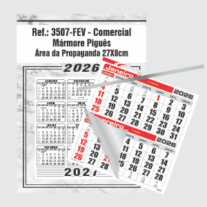 Calendário Comercial Econômico de Parede com Vareta Ref.: 3507-FEV Base Duplex 250g | Bloco 12 Meses Econômico Papel 56g (6 Folhas) | Vareta metálica 27x37cm Mármore Piguês   