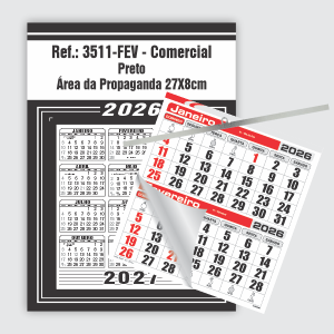 Calendário Comercial Econômico de Parede com Vareta Ref.: 3511-FEV Base Duplex 250g | Bloco 12 Meses Econômico Papel 56g (6 Folhas) | Vareta metálica 27x37cm Preto   