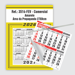 Calendário Comercial Econômico de Parede com Vareta Ref.: 3514-FEV Base Duplex 250g | Bloco 12 Meses Econômico Papel 56g (6 Folhas) | Vareta metálica 27x37cm Amarelo   