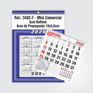 Calendário Mini Comercial de Parede com Furo Ref.: 3402-F Base Duplex 250g | Bloco 12 Meses Papel 56g 18x26 Azul Reflexo   