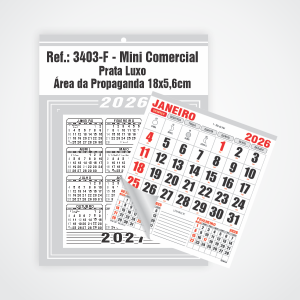 Calendário Mini Comercial de Parede com Furo Ref.: 3403-F Base Duplex 250g | Bloco 12 Meses Papel 56g 18x26 Prata Luxo   