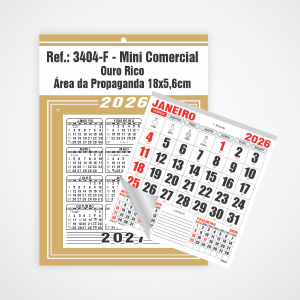 Calendário Mini Comercial de Parede com Furo Ref.: 3404-F Base Duplex 250g | Bloco 12 Meses Papel 56g 18x26 Ouro Rico   