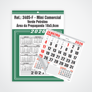 Calendário Mini Comercial de Parede com Furo Ref.: 3405-F Base Duplex 250g | Bloco 12 Meses Papel 56g 18x26 Verde Petróleo   
