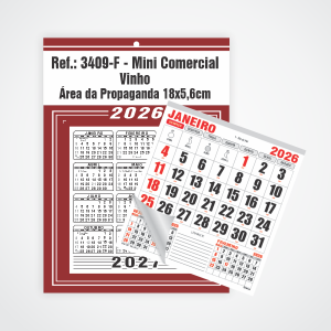 Calendário Mini Comercial de Parede com Furo Ref.: 3409-F Base Duplex 250g | Bloco 12 Meses Papel 56g 18x26 Vinho   