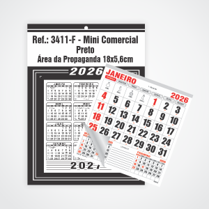 Calendário Mini Comercial de Parede com Furo Ref.: 3411-F Base Duplex 250g | Bloco 12 Meses Papel 56g 18x26 Preto   
