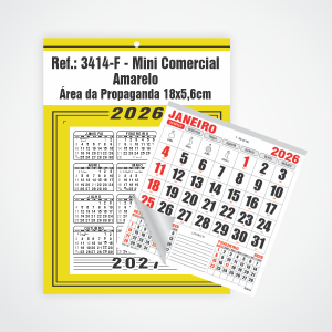 Calendário Mini Comercial de Parede com Furo Ref.: 3414-F Base Duplex 250g | Bloco 12 Meses Papel 56g 18x26 Amarelo   