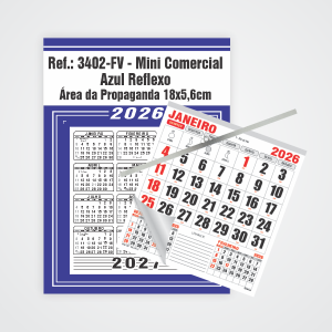 Calendário Mini Comercial de Parede com Vareta Ref.: 3402-FV Base Duplex 250g | Bloco 12 Meses Papel 56g 18x26 Azul Reflexo   