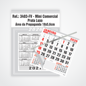 Calendário Mini Comercial de Parede com Vareta Ref.: 3403-FV Base Duplex 250g | Bloco 12 Meses Papel 56g 18x26 Prata Luxo   