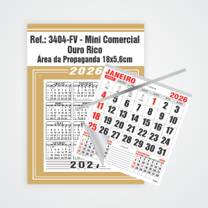 Calendário Mini Comercial de Parede com Vareta Ref.: 3404-FV Base Duplex 250g | Bloco 12 Meses Papel 56g 18x26 Ouro Rico   