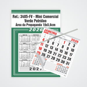 Calendário Mini Comercial de Parede com Vareta Ref.: 3405-FV Base Duplex 250g | Bloco 12 Meses Papel 56g 18x26 Verde Petróleo   