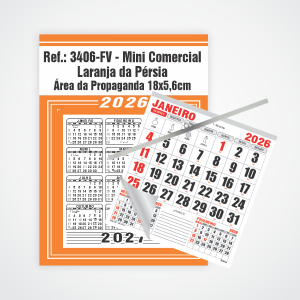 Calendário Mini Comercial de Parede com Vareta Ref.: 3406-FV Base Duplex 250g | Bloco 12 Meses Papel 56g 18x26 Laranja da Pérsia   