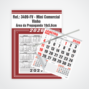 Calendário Mini Comercial de Parede com Vareta Ref.: 3409-FV Base Duplex 250g | Bloco 12 Meses Papel 56g 18x26 Vinho   