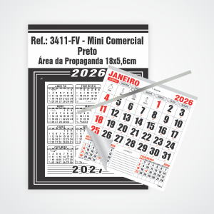 Calendário Mini Comercial de Parede com Vareta Ref.: 3411-FV Base Duplex 250g | Bloco 12 Meses Papel 56g 18x26 Preto   