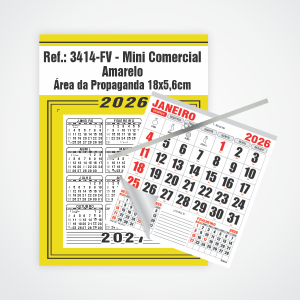 Calendário Mini Comercial de Parede com Vareta Ref.: 3414-FV Base Duplex 250g | Bloco 12 Meses Papel 56g 18x26 Amarelo   