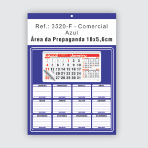 Folhinha de parede - Comercial com Base para anotações Ref.: 3520-F Base Duplex 250g | Bloco 12 Meses Papel 56g 27x37cm Azul Reflexo   