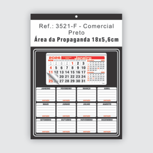 Folhinha de parede - Comercial com Base para anotações Ref.: 3521-F Base Duplex 250g | Bloco 12 Meses Papel 56g 27x37cm Preto   