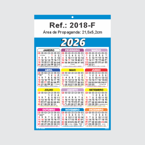 Folhinha de Parede Ref.: 2018-F Base Papel Alta Alvura 180g 21,5x32cm 1 Cromo   