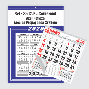 Calendário Comercial de Parede com Furo Ref.: 3502-F Base Duplex 250g | Bloco 12 Meses Papel 56g 27x37cm Azul Reflexo   