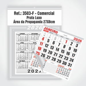 Calendário Comercial de Parede com Furo Ref.: 3503-F Base Duplex 250g | Bloco 12 Meses Papel 56g 27x37cm Prata Luxo   